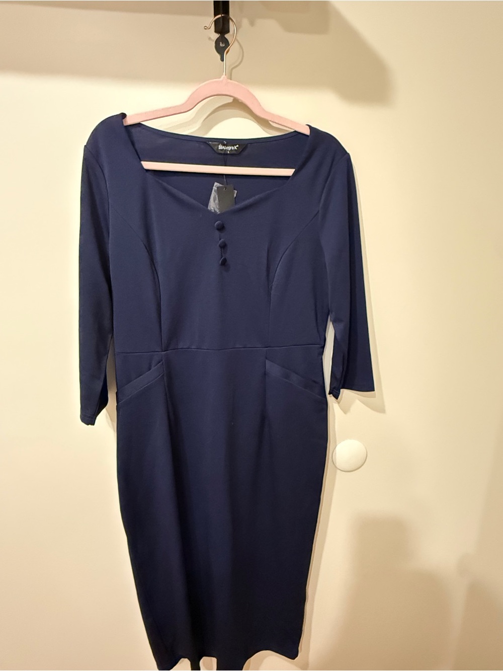 Allegra K Navy Long-Sleeve Sheath Dress with Button Accent